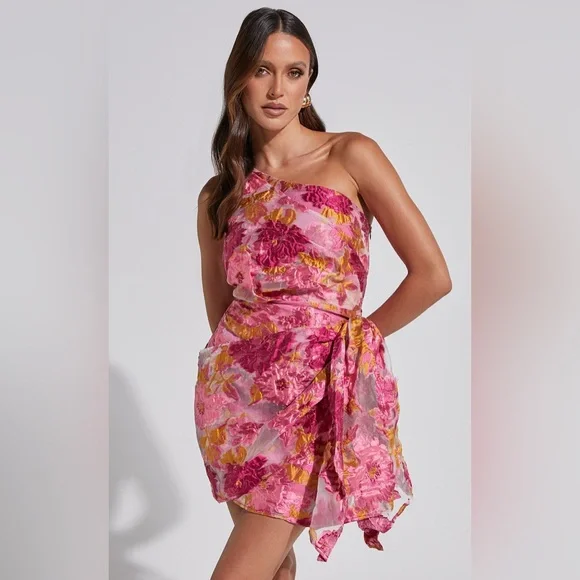 Showpo. | Dresses | Showpo Brailey Mini Dress One Shoulder Wrap Front Dress  In Pink Jacquard | Poshmark